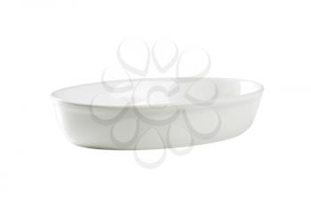 Empty deep oval porcelain dish isolated on white