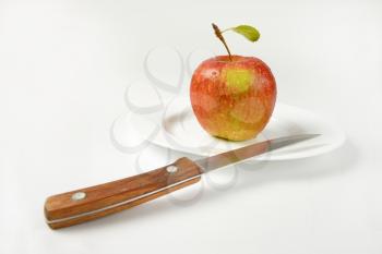 washed red apple and kitchen knife on white plate