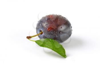 washed plum with leaf on white background