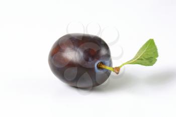 ripe plum with leaf on white background