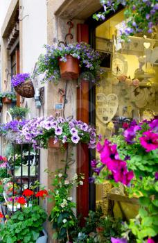 Shops in ancient village of Volterra decorated with flowers in pots, Tuscany, Italy