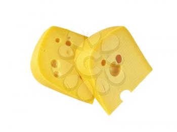 two wedges of Swiss cheese on white background