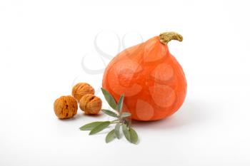 orange pumpkin with walnuts and sprig of sage on white background