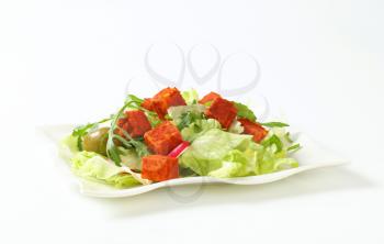 Fresh vegetable salad with diced paprika-coated cheese