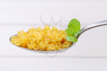 spoon of small pasta shells on white wooden background