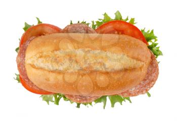 crusty roll sandwich with salami on white background