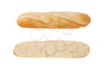 halved french baguette on white background