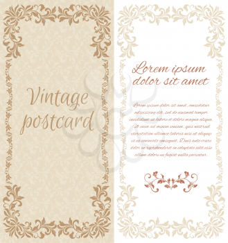 Luxury template with floral frame and decorative pattern in vintage style. It can be used for decorating of invitations or cards. There is a place for text