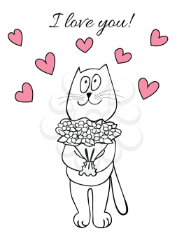 Sweet postcard: cat with bouquet of flowers. Inscription: I love you!