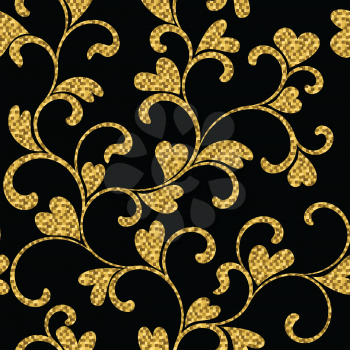 luxury seamless pattern with gold swirls and hearts on a black background