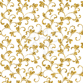 luxury seamless pattern with gold swirls and hearts on a white background