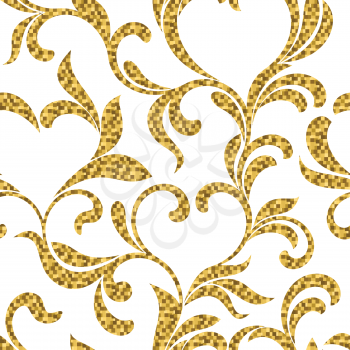 luxury seamless pattern of leaves and swirls in the form of hearts with gold glitter on a white background