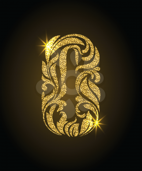 0. Decorative Font with swirls and floral elements. Ornate decorated digit zero with golden glitter
