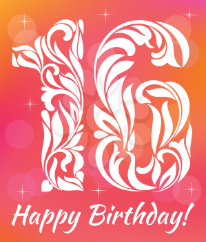 Bright Greeting card Invitation Template. Celebrating 16 years birthday. Decorative Font with swirls and floral elements.