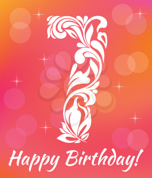 Bright Greeting card Invitation Template. Celebrating 7 years birthday. Decorative Font with swirls and floral elements.