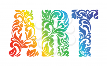 Multicolor painted word ART. Decorative Font with swirls and floral elements.