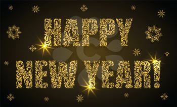 Greeting card or banner  Happy New Year!. Text made of floral elements with golden glitter