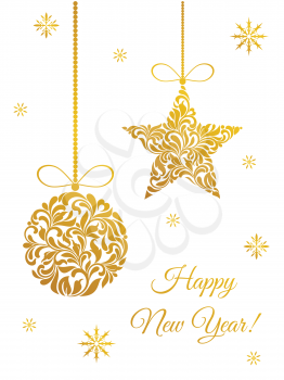 Elegant Greeting card with Golden Christmas ball and star from abstract floral ornament isolated on a white background.