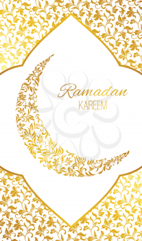 Card for the holiday Ramadan Kareem. Crescent from a floral ornament with gold shiny