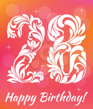 Bright Greeting card Template. Celebrating 28 years birthday. Decorative Font with swirls and floral elements.