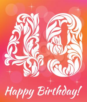 Bright Greeting card Template. Celebrating 49 years birthday. Decorative Font with swirls and floral elements.