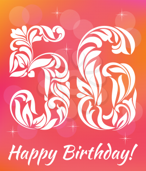 Bright Greeting card Template. Celebrating 56 years birthday. Decorative Font with swirls and floral elements.