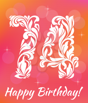 Bright Greeting card Template. Celebrating 74 years birthday. Decorative Font with swirls and floral elements.