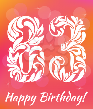 Bright Greeting card Template. Celebrating 83 years birthday. Decorative Font with swirls and floral elements.