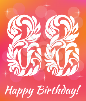 Bright Greeting card Template. Celebrating 88 years birthday. Decorative Font with swirls and floral elements.