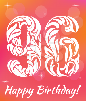 Bright Greeting card Template. Celebrating 96 years birthday. Decorative Font with swirls and floral elements.