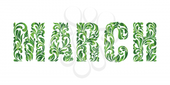 MARCH. Decorative Font with swirls and floral elements isolated on a white background