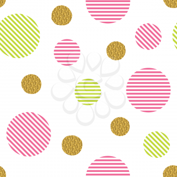 Seamless pattern with golden glitter circles and colored stripes circles isolated on a white background. 
