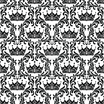 Royal Seamless Pattern. Crown and floral vintage tracery isolated on a white background.