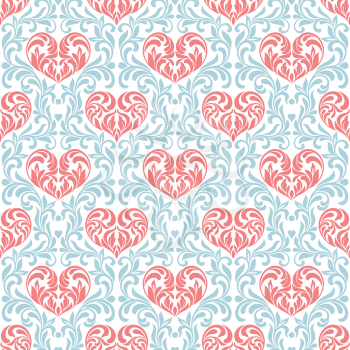 Seamless pattern. Pink hearts made in swirls, leaves and floral elements on a blue floral background 