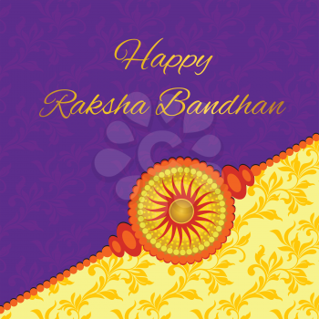 Happy Raksha Bandhan. Elegant greeting card with beautiful rakhi for Indian festival of brother and sister love, celebration. Decorated purple and yellow background with floral design. 