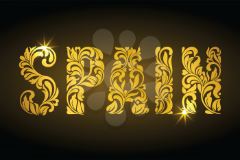 Inscription Spain of floral decorative pattern. Golden letters with sparks on a dark background.