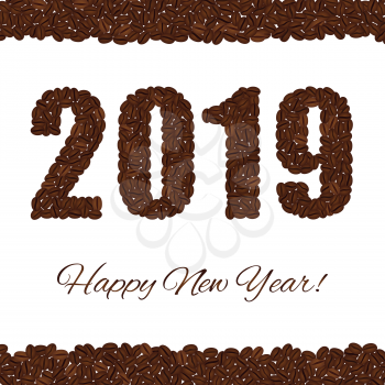 Happy New Year. 2019 created from coffee beans isolated on a white background. Upper and lower bounds of coffee beans