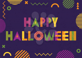 HAPPY HALLOWEEN. Trendy geometric font in memphis style of 80s-90s. Inscription and abstract geometric figures on violet background 