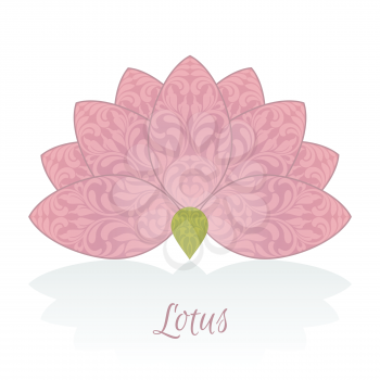 Pink lotus flower with ornate pattern on petals isolated on white background.
