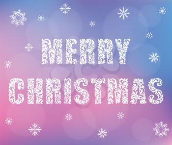 Merry Christmas. Decorative Font made of swirls and floral elements. White text and snowflakes on a holographic background.