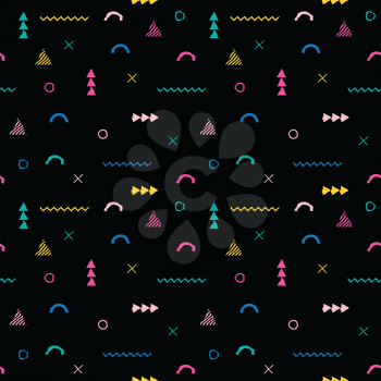 Seamless pattern in Memphis style. Abstract vector backgrounds with  geometric ornaments in the style of 80-90. Colored geometric damaged shapes on a black background. Computer glitch background