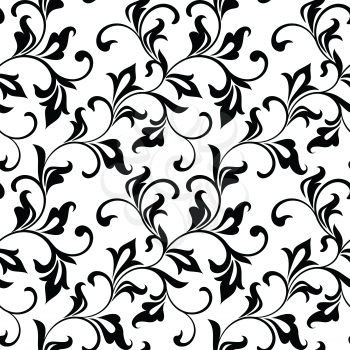 Luxurious seamless pattern. Vegetative motive. Black swirls and foliage isolated on a white background. Ideal for textile print and wallpapers.