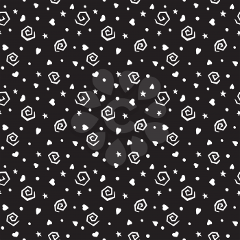Grungy hand drawn seamless pattern. Spirals, stars, hearts and dots on a black background. Ideal for textile print 