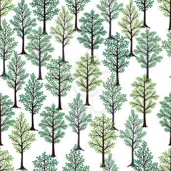 Seamless pattern. Trees with green foliage isolated on white background. Ideal for textile print and wallpapers.