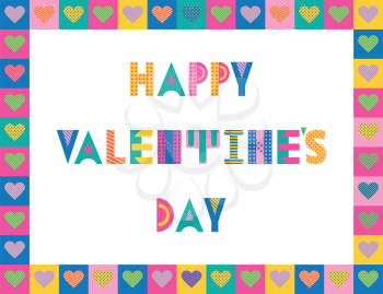 Happy Valentines day. Trendy geometric font in memphis style of 80s-90s. Bright colored frame with hearts. Text isolated on white background.