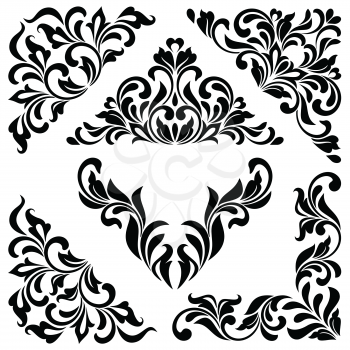 A set of angular ornaments. Ideal for stencil. Ornate tracery of swirls and leaves isolated on white background. Decorative vintage style.