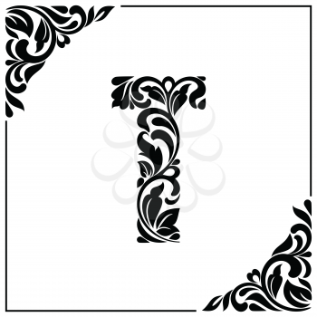 The letter T. Decorative Font with swirls and floral elements. Vintage style