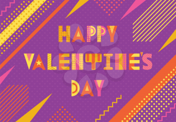 Happy Valentines day. Trendy geometric font in memphis style of 80s-90s. Text and abstract geometric shapes on purple background with hearts.
