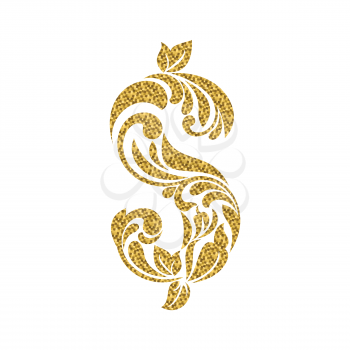 Dollar with golden glitter isolated on the white background. Decorative Font made of swirls and floral elements. 