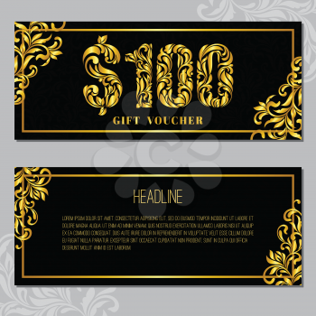 Gift voucher template 100 USD. The inscription created from a floral ornament. Golden Letters on a black background with floral pattern. VIP design.